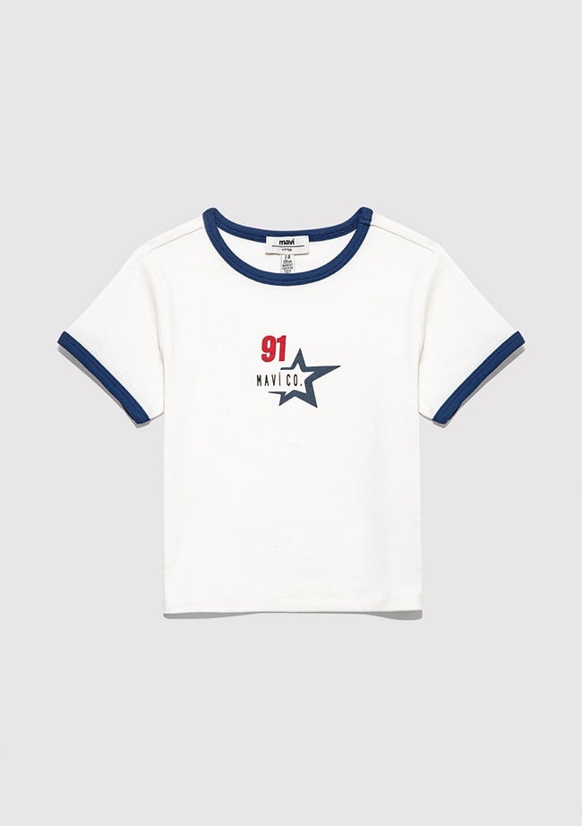  Mavi Baskılı Beyaz Tişört Fitted / Vücuda Oturan Kesim 7610345-70057