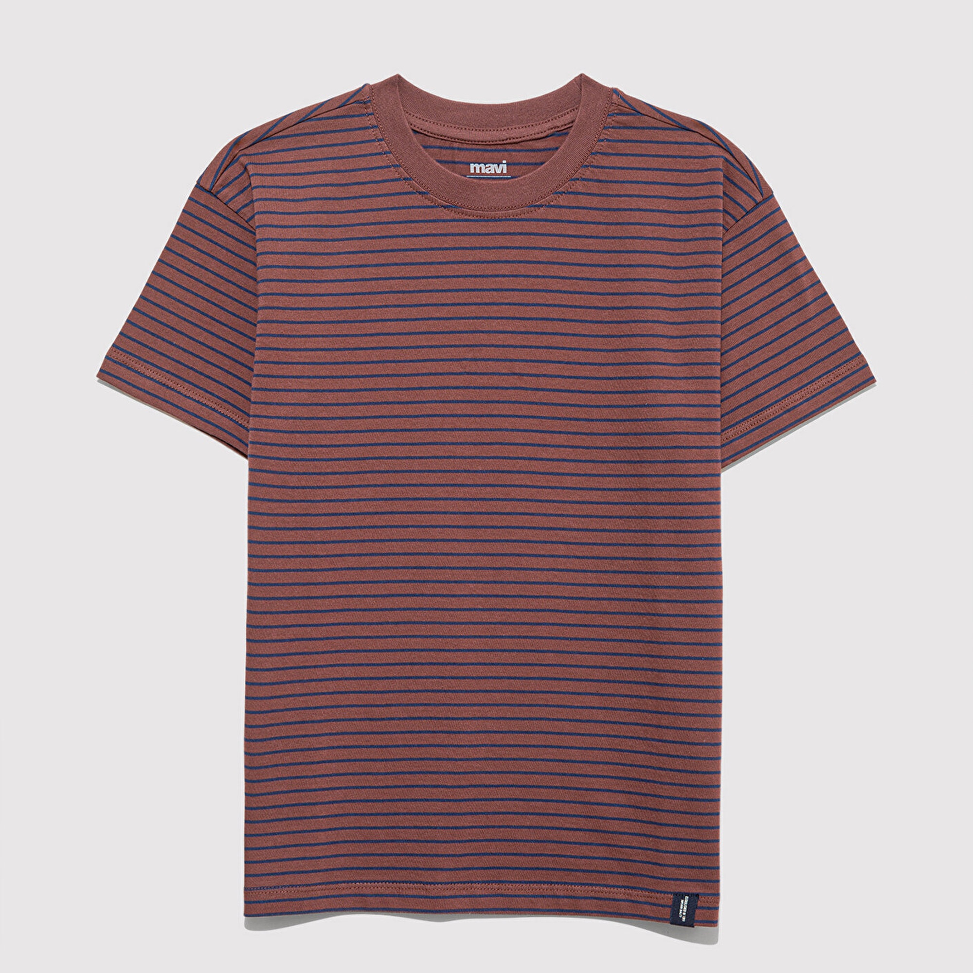 Mavi Kahverengi Çizgili Tişört Loose Fit / Bol Rahat Kesim 6610390-90787