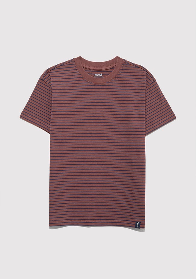  Mavi Kahverengi Çizgili Tişört Loose Fit / Bol Rahat Kesim 6610390-90787