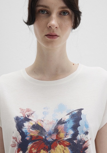  Mavi Kelebek Baksılı Beyaz Tişört Regular Fit / Normal Kesim 1613457-80194