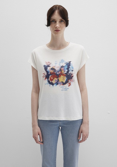  Mavi Kelebek Baksılı Beyaz Tişört Regular Fit / Normal Kesim 1613457-80194