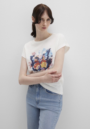  Mavi Kelebek Baksılı Beyaz Tişört Regular Fit / Normal Kesim 1613457-80194