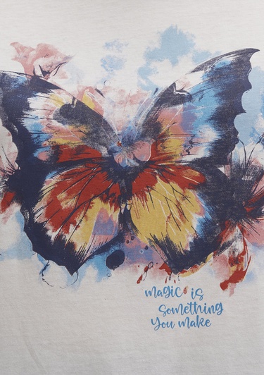  Mavi Kelebek Baksılı Beyaz Tişört Regular Fit / Normal Kesim 1613457-80194