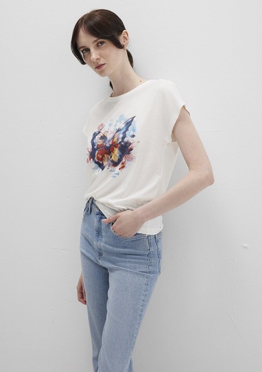  Mavi Kelebek Baksılı Beyaz Tişört Regular Fit / Normal Kesim 1613457-80194