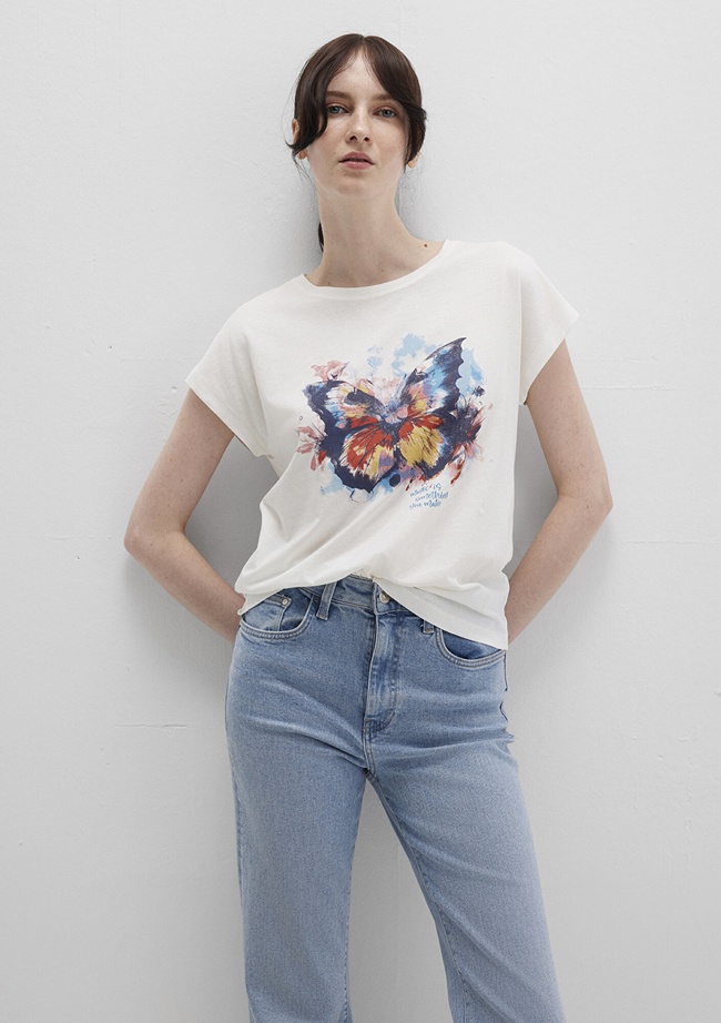  Mavi Kelebek Baksılı Beyaz Tişört Regular Fit / Normal Kesim 1613457-80194