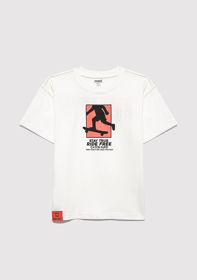  Mavi Baskılı Beyaz Tişört Loose Fit / Bol Rahat Kesim 6610367-70057