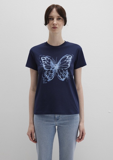 Mavi Kelebek Baskılı Lacivert Tişört Semi Slim Fit / Yarı Dar Kesim 1613456-70497