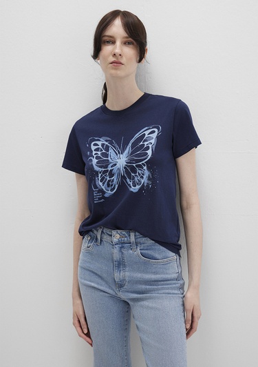  Mavi Kelebek Baskılı Lacivert Tişört Semi Slim Fit / Yarı Dar Kesim 1613456-70497