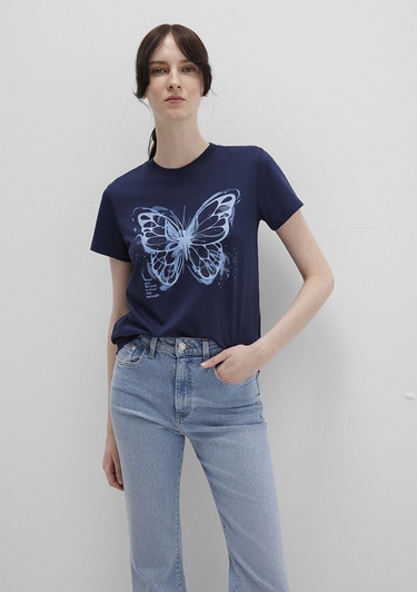  Mavi Kelebek Baskılı Lacivert Tişört Semi Slim Fit / Yarı Dar Kesim 1613456-70497