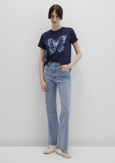  Mavi Kelebek Baskılı Lacivert Tişört Semi Slim Fit / Yarı Dar Kesim 1613456-70497