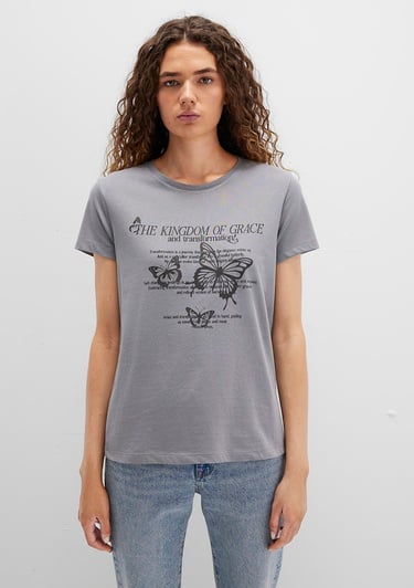  Mavi Kelebek Baskılı Gri Tişört Semi Slim Fit / Yarı Dar Kesim 1613453-91066