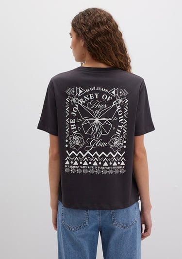  Mavi Kelebek Baskılı Antrasit Tişört Regular Fit / Normal Kesim 1613459-70087