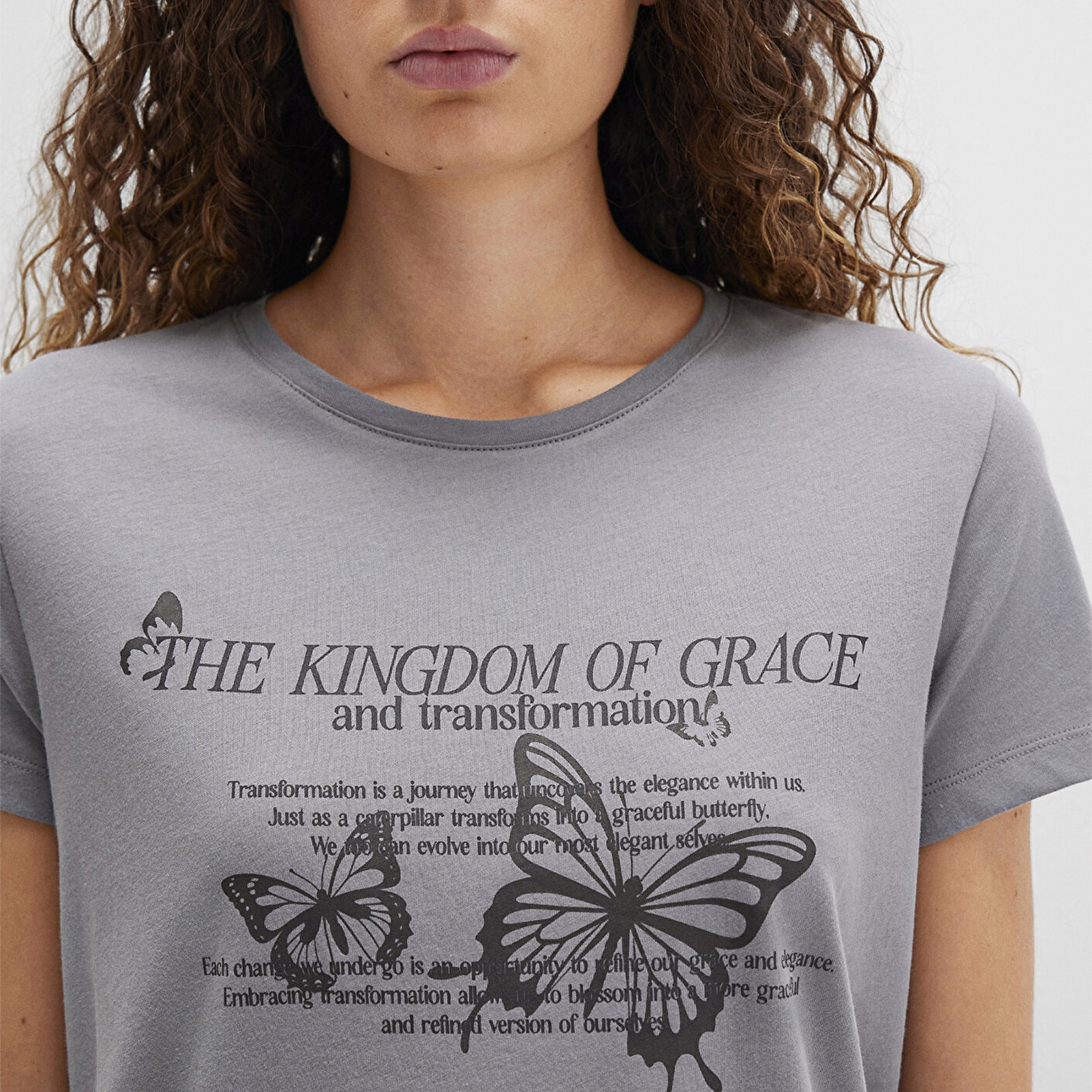 Mavi Kelebek Baskılı Gri Tişört Semi Slim Fit / Yarı Dar Kesim 1613453-91066