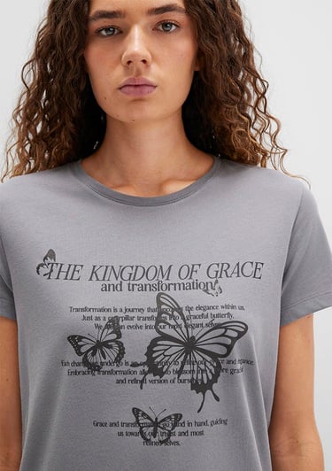  Mavi Kelebek Baskılı Gri Tişört Semi Slim Fit / Yarı Dar Kesim 1613453-91066