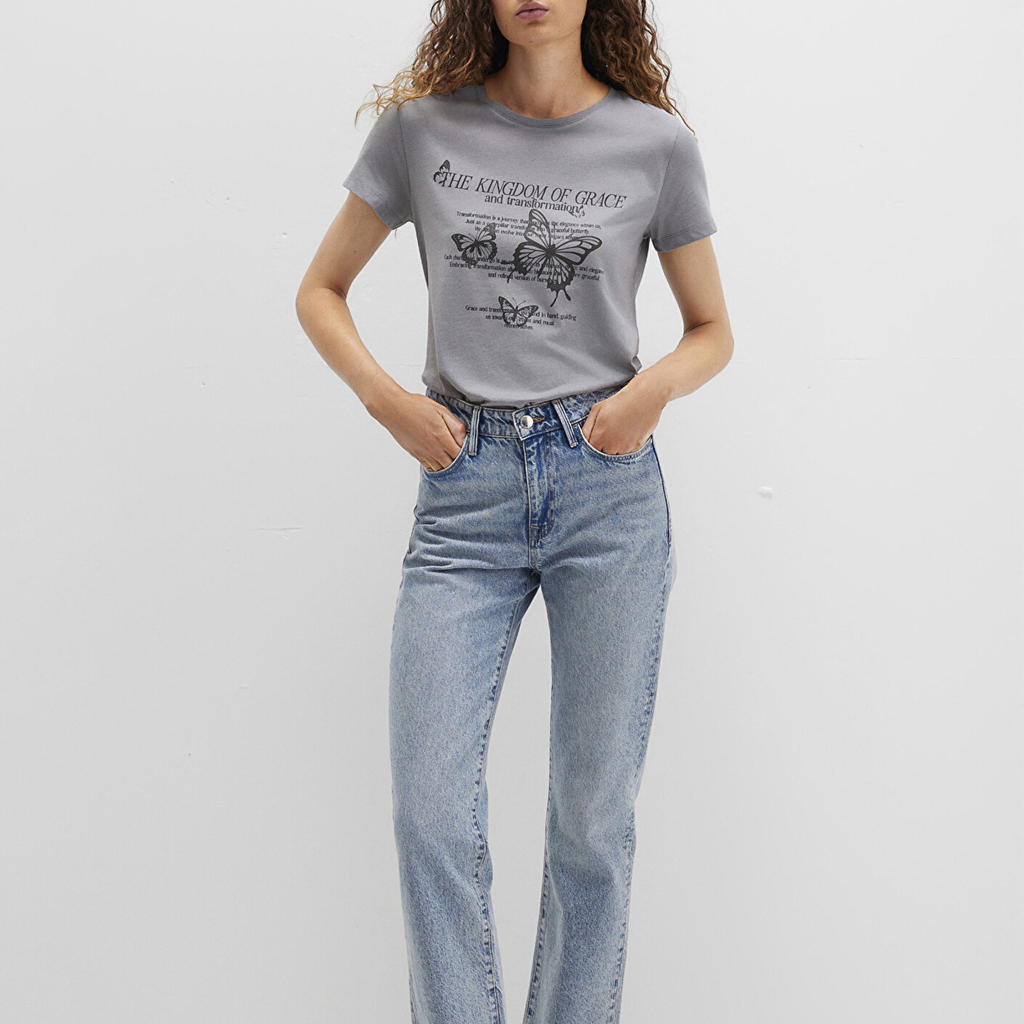 Mavi Kelebek Baskılı Gri Tişört Semi Slim Fit / Yarı Dar Kesim 1613453-91066