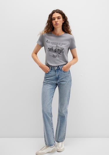  Mavi Kelebek Baskılı Gri Tişört Semi Slim Fit / Yarı Dar Kesim 1613453-91066