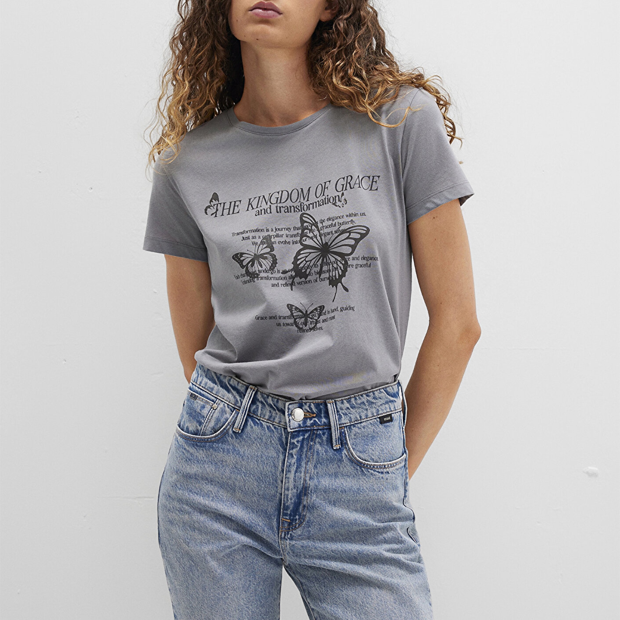 Mavi Kelebek Baskılı Gri Tişört Semi Slim Fit / Yarı Dar Kesim 1613453-91066