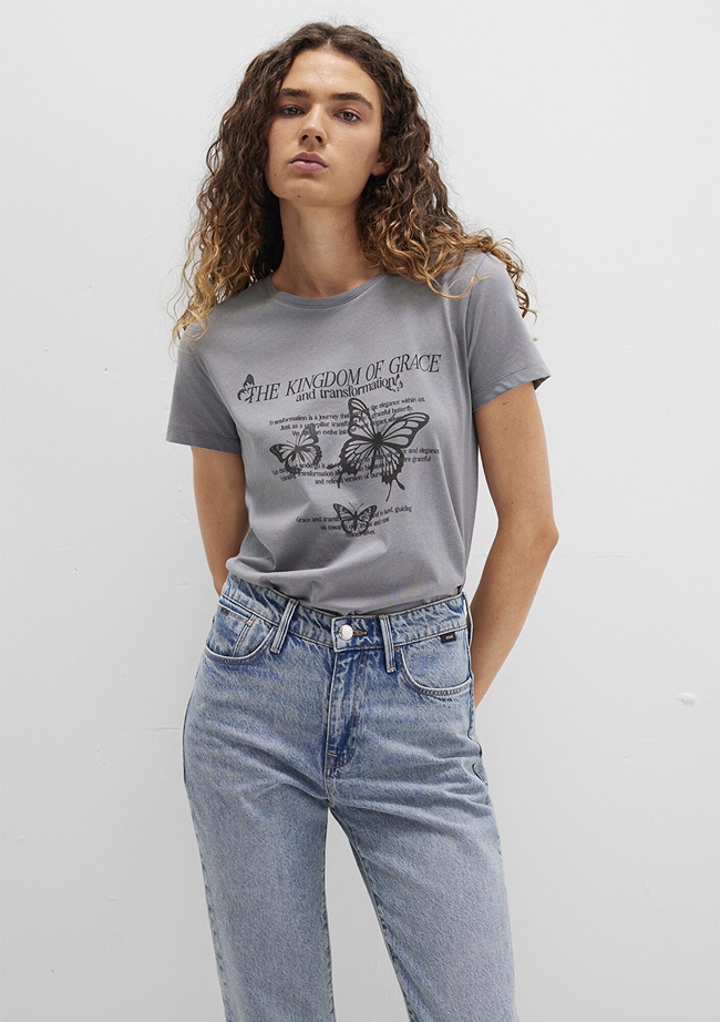  Mavi Kelebek Baskılı Gri Tişört Semi Slim Fit / Yarı Dar Kesim 1613453-91066