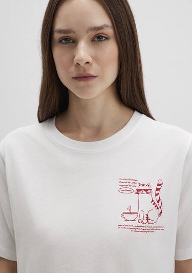  Mavi Kedi Baskılı Beyaz Tişört Regular Fit / Normal Kesim 1613474-70057