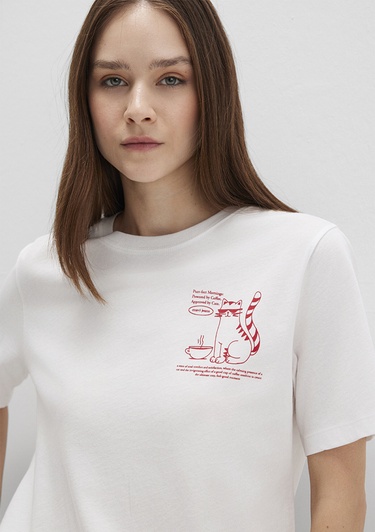  Mavi Kedi Baskılı Beyaz Tişört Regular Fit / Normal Kesim 1613474-70057