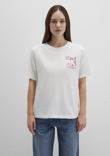  Mavi Kedi Baskılı Beyaz Tişört Regular Fit / Normal Kesim 1613474-70057