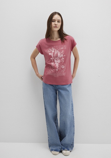  Mavi Çiçek Baskılı Pembe Tişört Regular Fit / Normal Kesim 1613480-71104