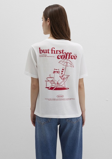  Mavi Kedi Baskılı Beyaz Tişört Regular Fit / Normal Kesim 1613474-70057