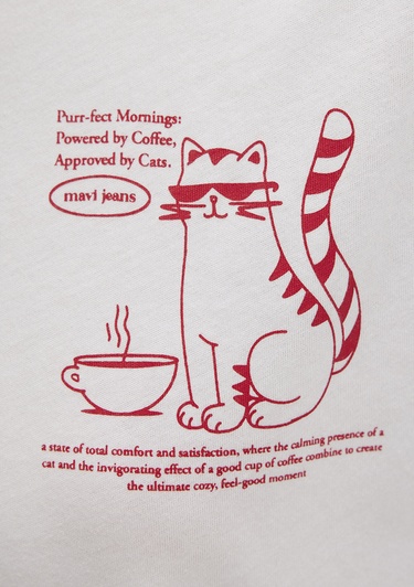  Mavi Kedi Baskılı Beyaz Tişört Regular Fit / Normal Kesim 1613474-70057