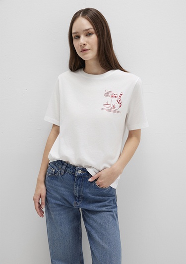  Mavi Kedi Baskılı Beyaz Tişört Regular Fit / Normal Kesim 1613474-70057