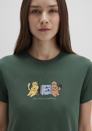  Mavi Kedi Baskılı Yeşil Tişört Semi Slim Fit / Yarı Dar Kesim 1613472-71924