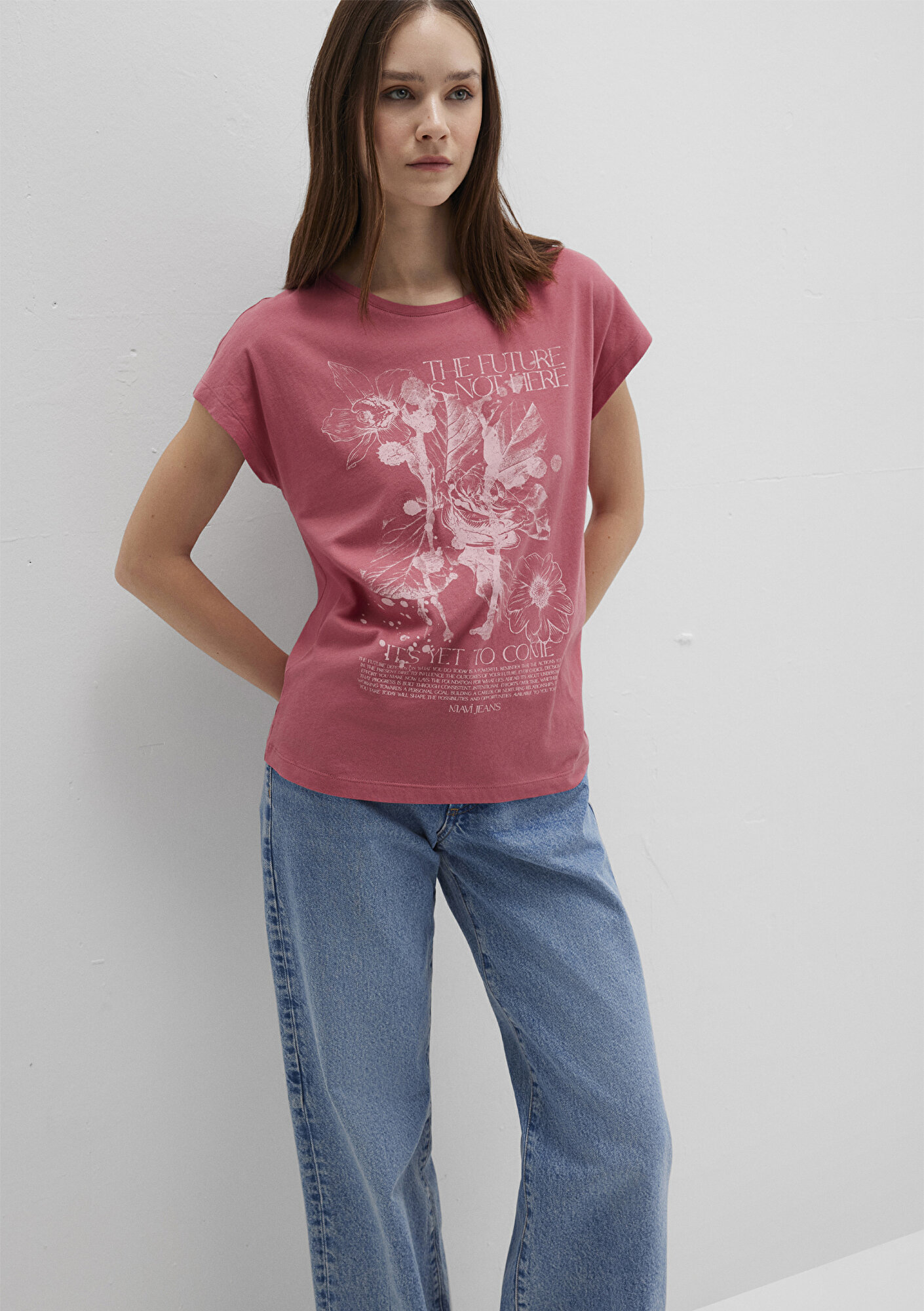  Mavi Çiçek Baskılı Pembe Tişört Regular Fit / Normal Kesim 1613480-71104