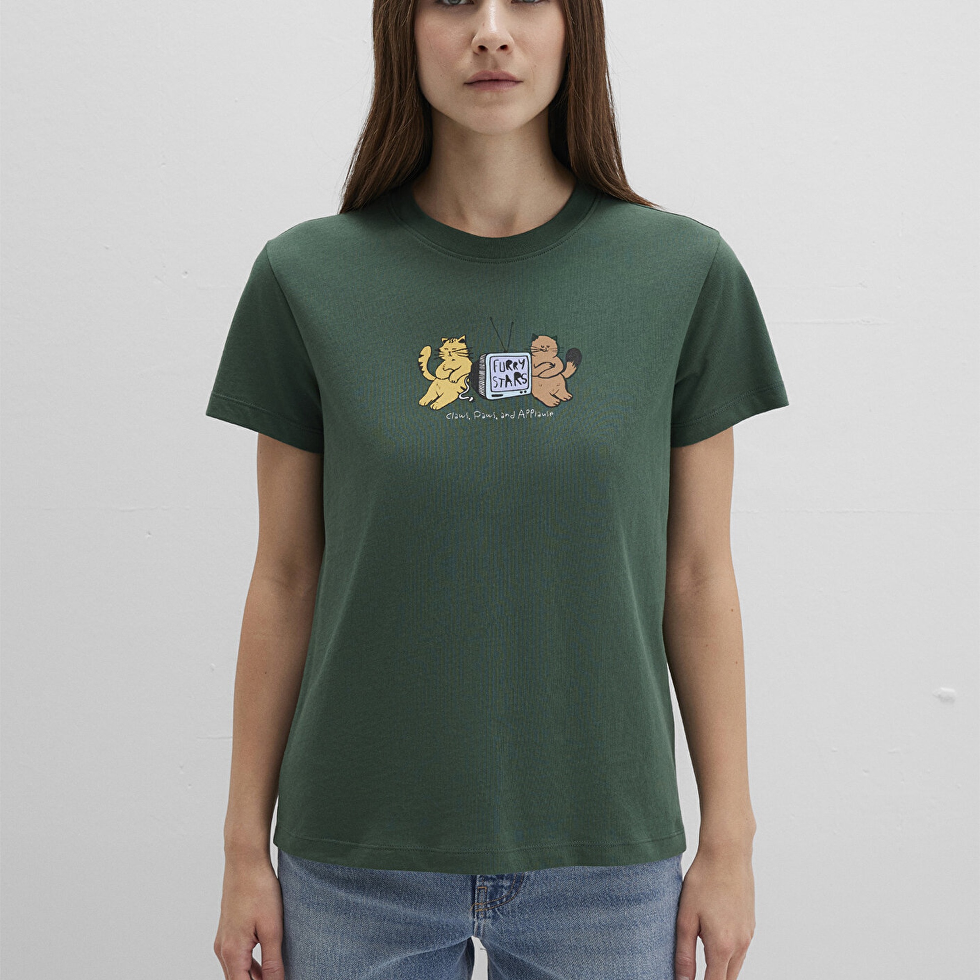 Mavi Kedi Baskılı Yeşil Tişört Semi Slim Fit / Yarı Dar Kesim 1613472-71924