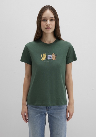  Mavi Kedi Baskılı Yeşil Tişört Semi Slim Fit / Yarı Dar Kesim 1613472-71924