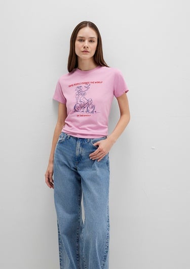  Mavi Bisiklet Baskılı Pembe Tişört Semi Slim Fit / Yarı Dar Kesim 1613465-71031