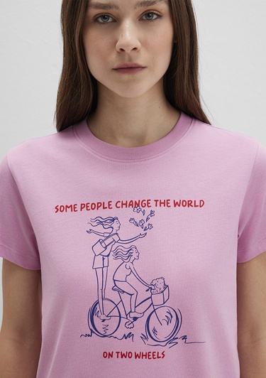  Mavi Bisiklet Baskılı Pembe Tişört Semi Slim Fit / Yarı Dar Kesim 1613465-71031