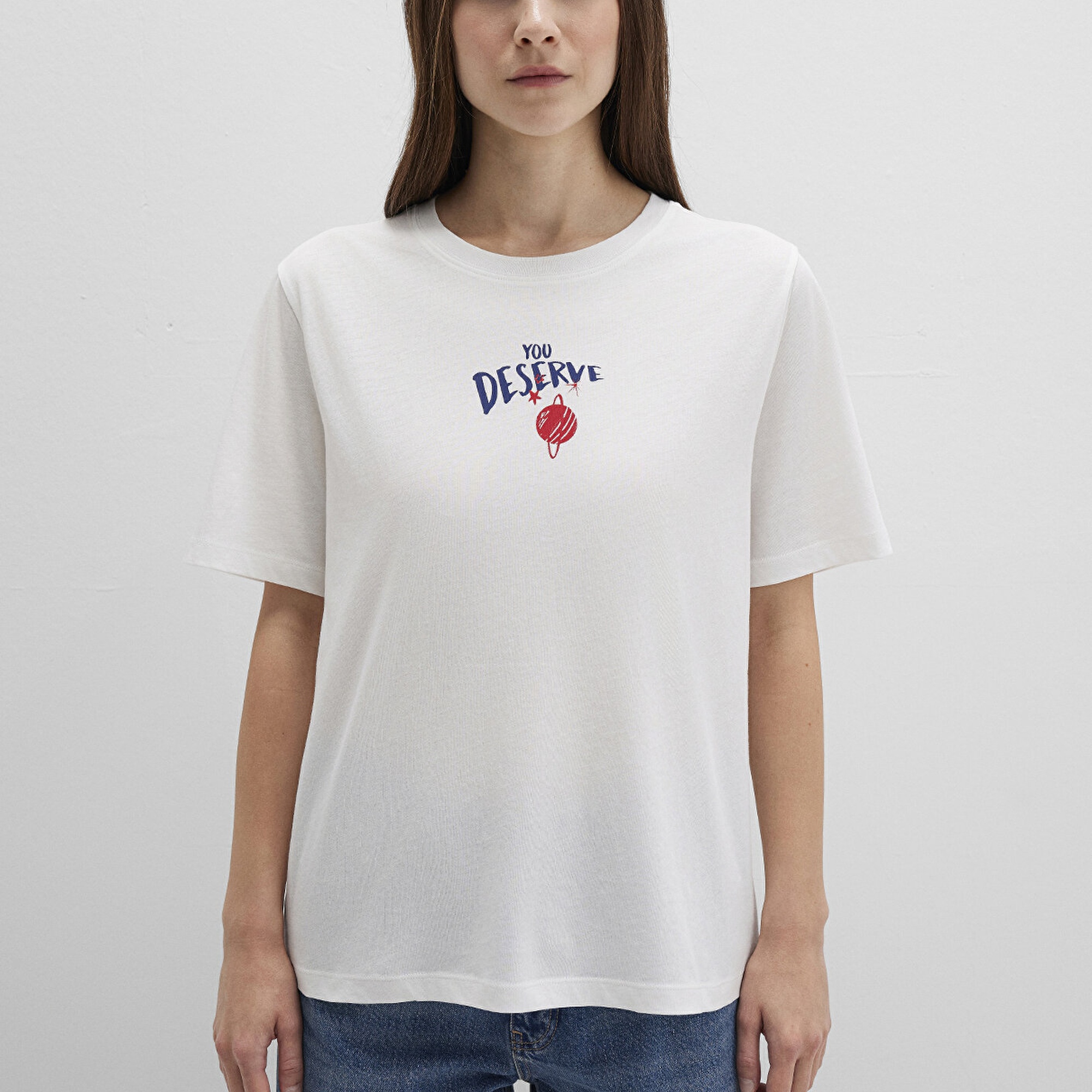 Mavi Gezegen Baksılı Beyaz Tişört Regular Fit / Normal Kesim 1613522-70057