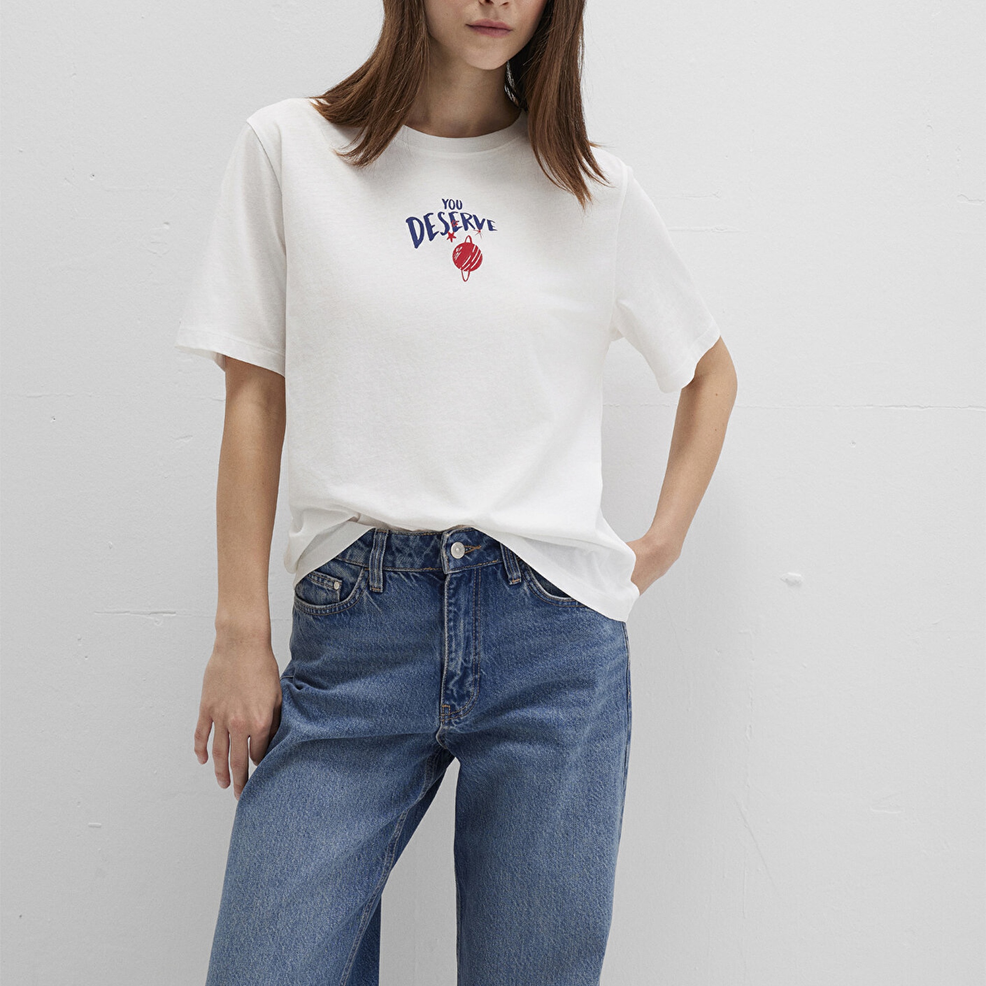 Mavi Gezegen Baksılı Beyaz Tişört Regular Fit / Normal Kesim 1613522-70057