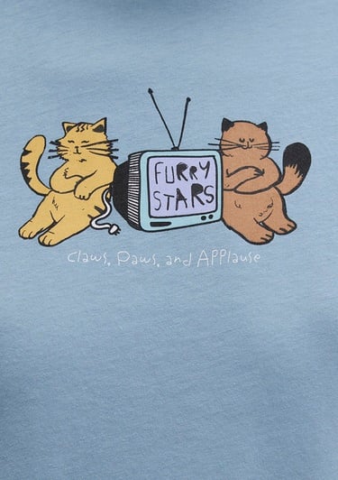  Mavi Kedi Baskılı Mavi Tişört Semi Slim Fit / Yarı Dar Kesim 1613472-88024