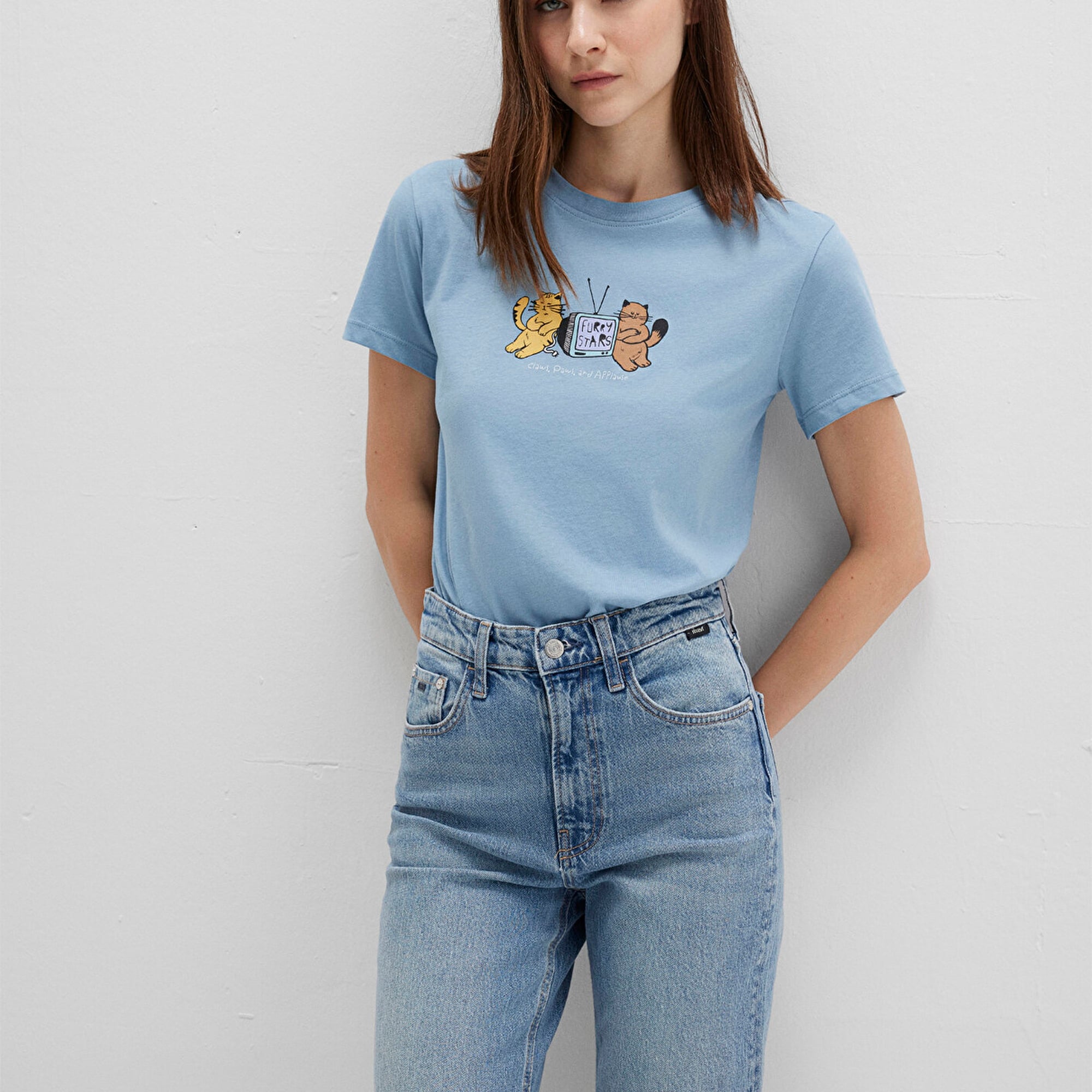 Mavi Kedi Baskılı Mavi Tişört Semi Slim Fit / Yarı Dar Kesim 1613472-88024