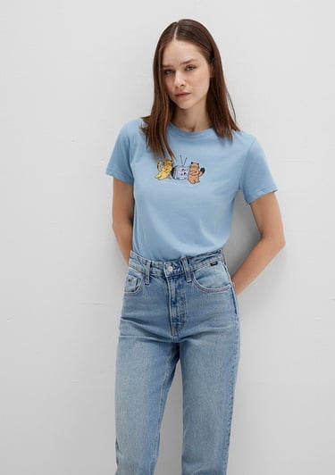  Mavi Kedi Baskılı Mavi Tişört Semi Slim Fit / Yarı Dar Kesim 1613472-88024