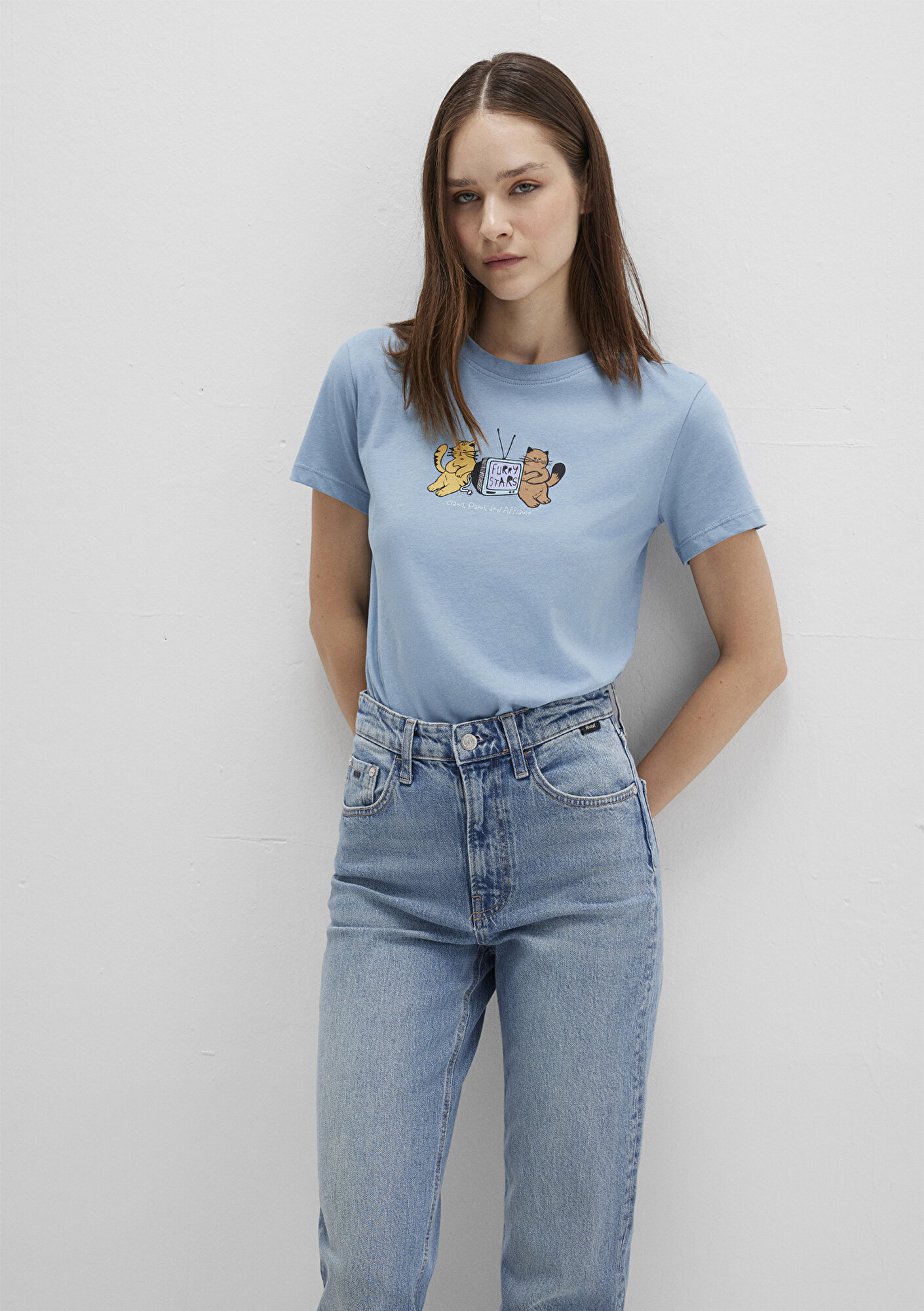  Mavi Kedi Baskılı Mavi Tişört Semi Slim Fit / Yarı Dar Kesim 1613472-88024