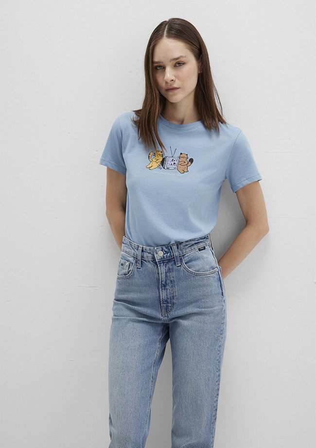  Mavi Kedi Baskılı Mavi Tişört Semi Slim Fit / Yarı Dar Kesim 1613472-88024