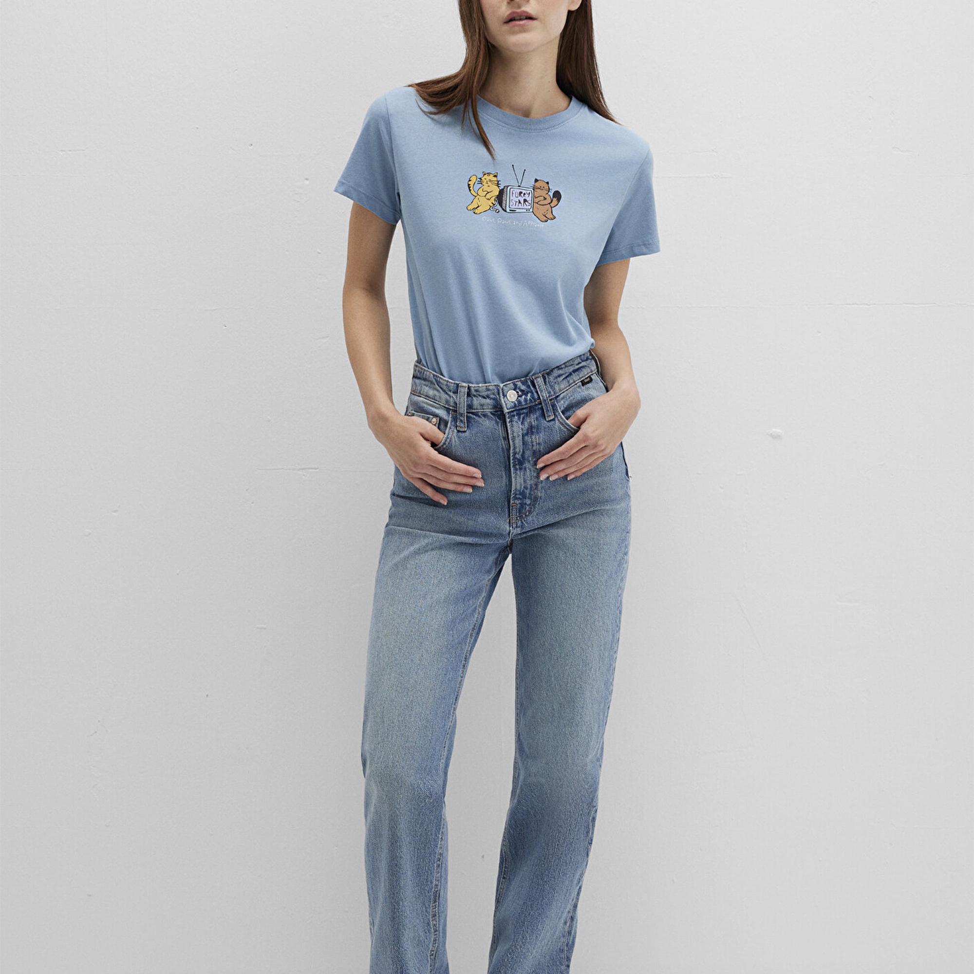 Mavi Kedi Baskılı Mavi Tişört Semi Slim Fit / Yarı Dar Kesim 1613472-88024