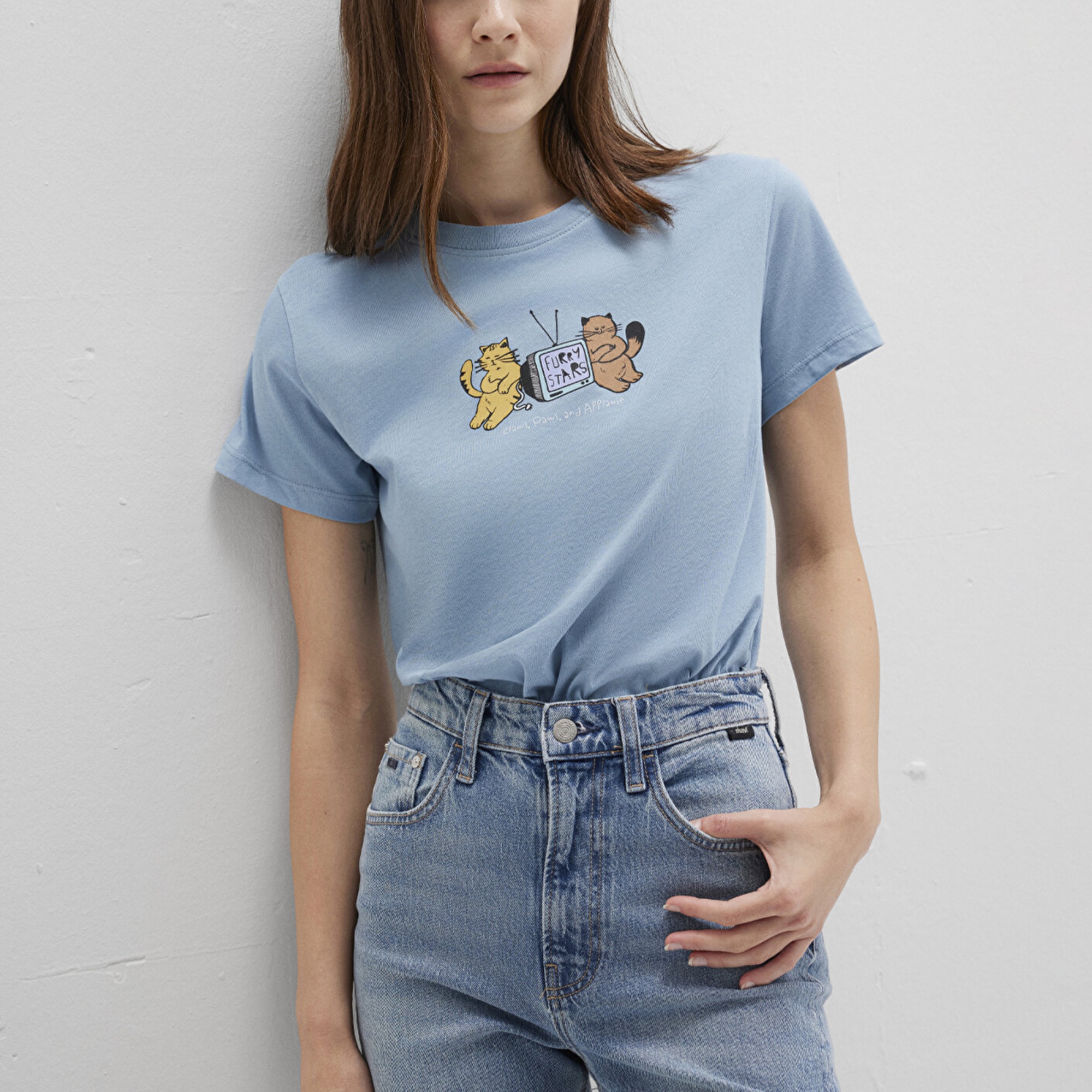 Mavi Kedi Baskılı Mavi Tişört Semi Slim Fit / Yarı Dar Kesim 1613472-88024