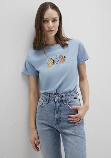  Mavi Kedi Baskılı Mavi Tişört Semi Slim Fit / Yarı Dar Kesim 1613472-88024