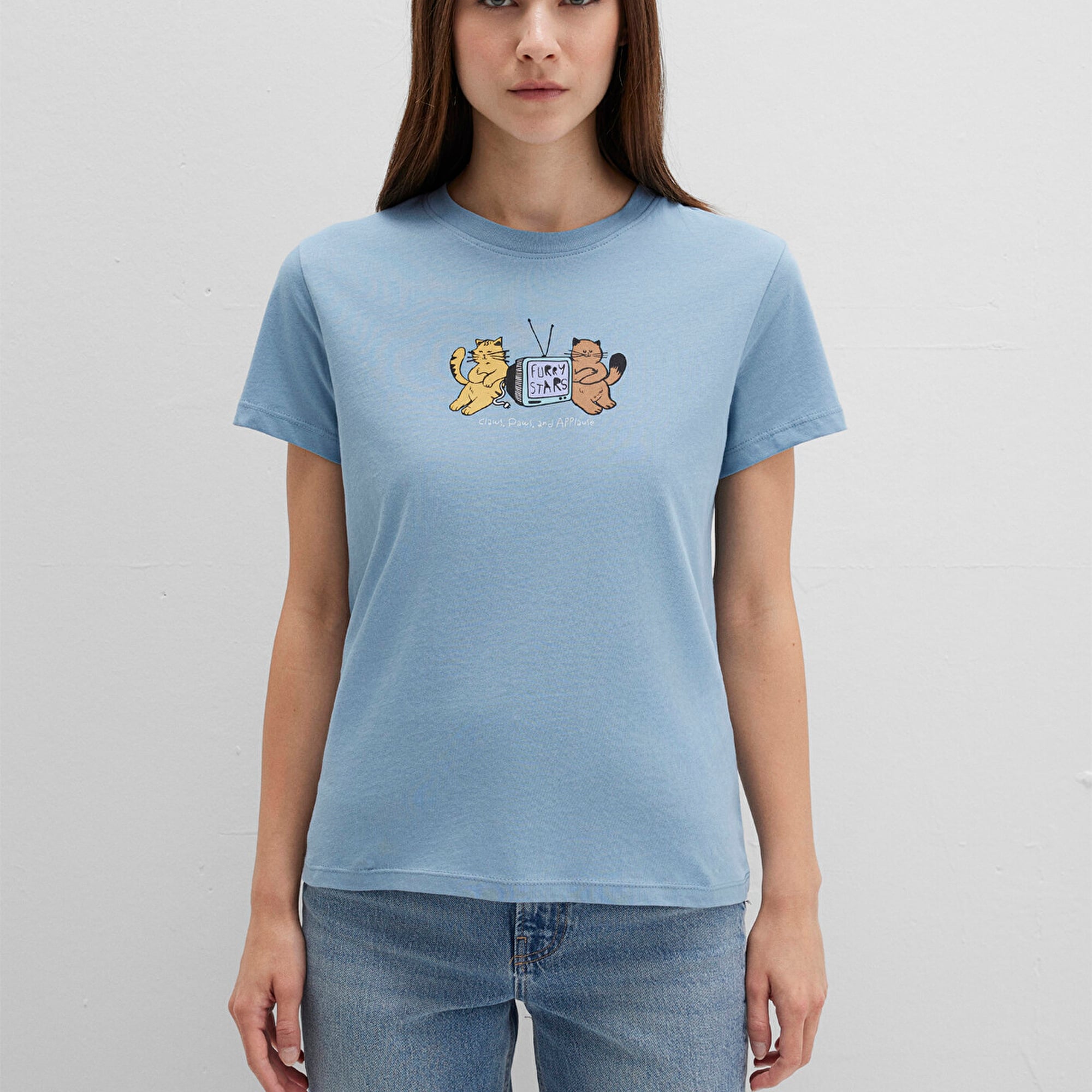 Mavi Kedi Baskılı Mavi Tişört Semi Slim Fit / Yarı Dar Kesim 1613472-88024