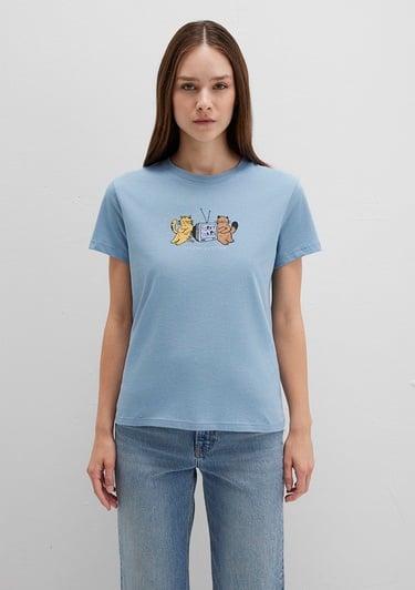  Mavi Kedi Baskılı Mavi Tişört Semi Slim Fit / Yarı Dar Kesim 1613472-88024