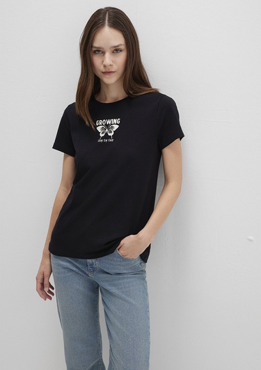  Mavi Çiçek Baskılı Siyah Tişört Semi Slim Fit / Yarı Dar Kesim 1613476-900