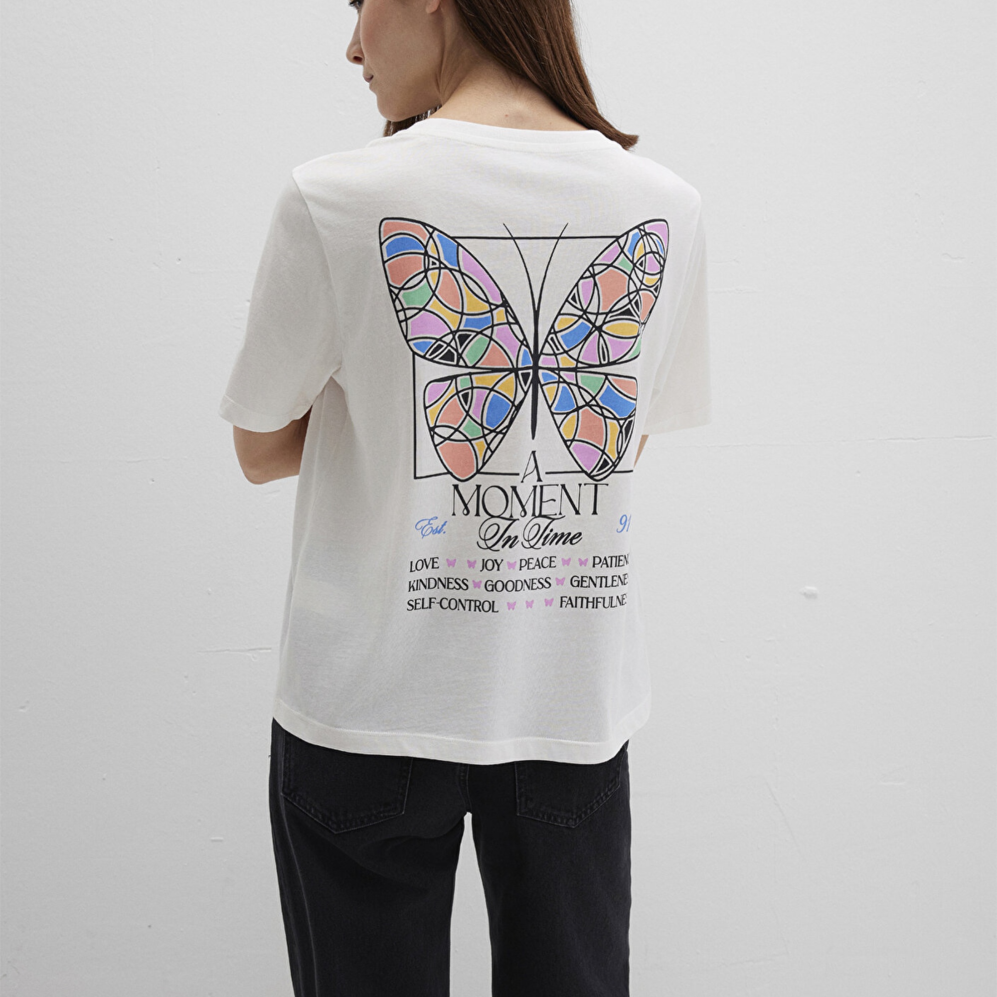 Mavi Kelebek Baskılı Beyaz Tişört Regular Fit / Normal Kesim 1613462-70057