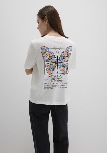  Mavi Kelebek Baskılı Beyaz Tişört Regular Fit / Normal Kesim 1613462-70057